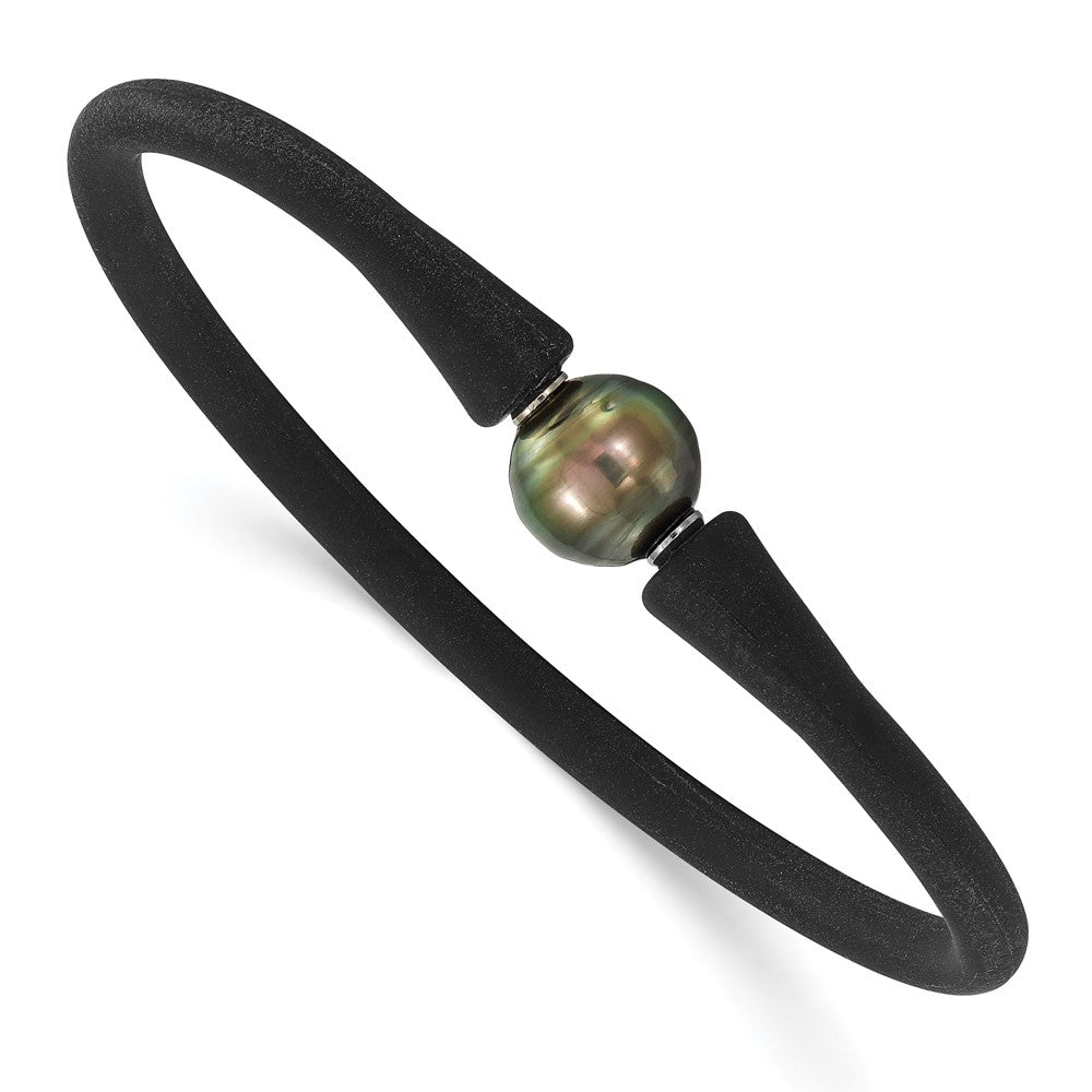 Stainless Steel, Black Silicone, 10-11mm Black Tahitian Pearl Bracelet, Item B18794 by The Black Bow Jewelry Co.