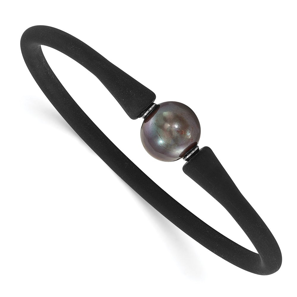 Stainless Steel, Black Silicone, 11-12mm Black FWC Pearl Bracelet, Item B18795 by The Black Bow Jewelry Co.