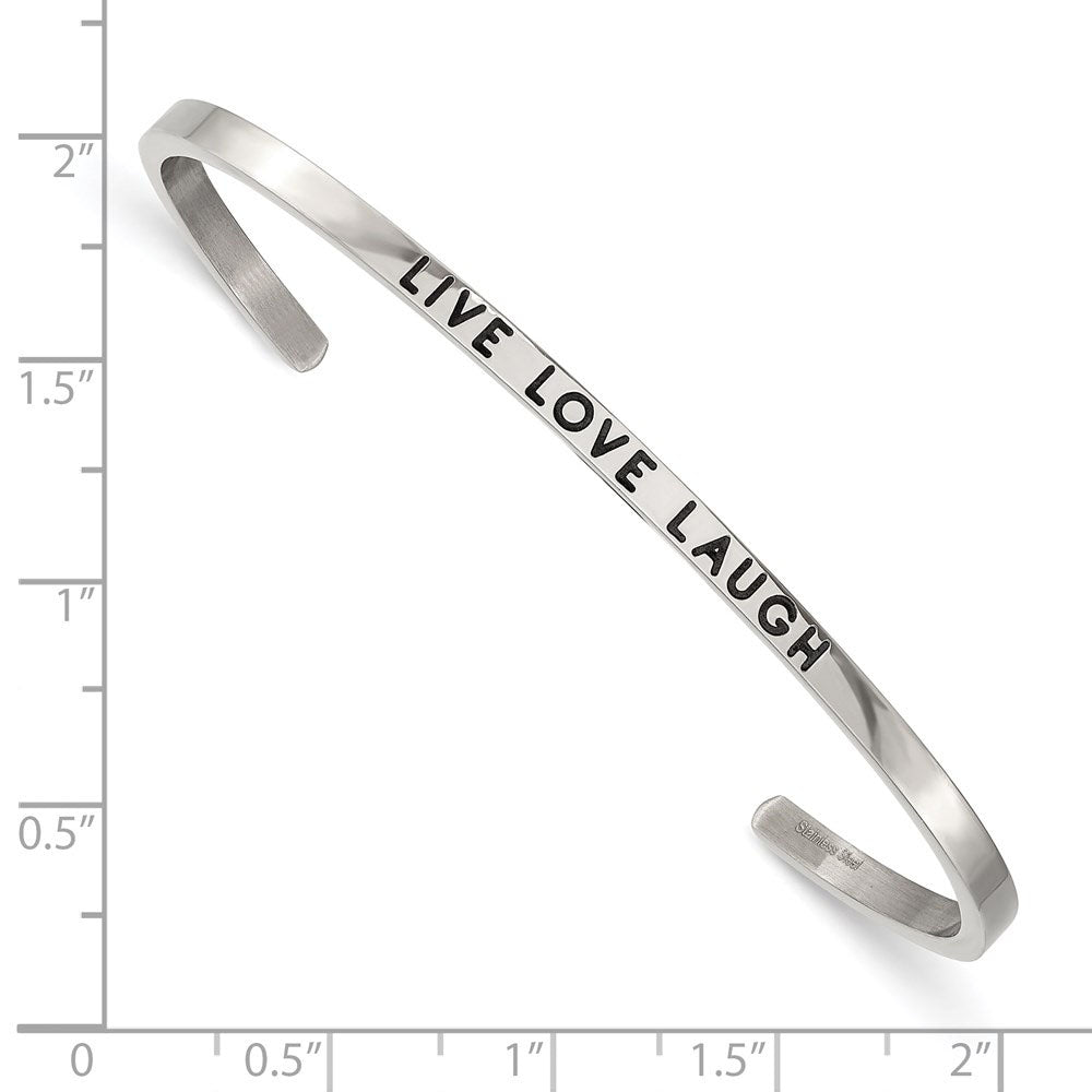 Alternate view of the 3mm Stainless Steel Enamel &amp; Crystal LIVE LOVE LAUGH Cuff Bracelet by The Black Bow Jewelry Co.