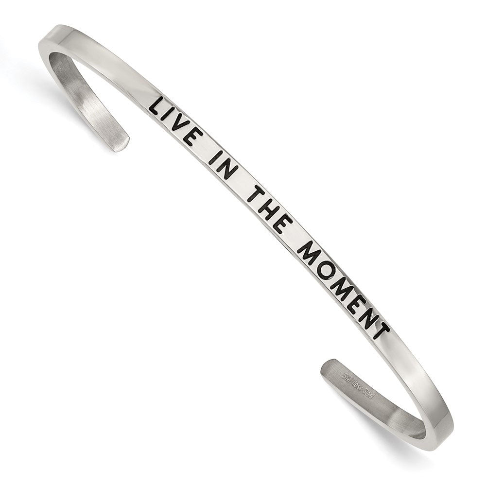 3mm Stainless Steel Enamel &amp; Crystal LIVE IN THE MOMENT Cuff Bracelet, Item B18806 by The Black Bow Jewelry Co.