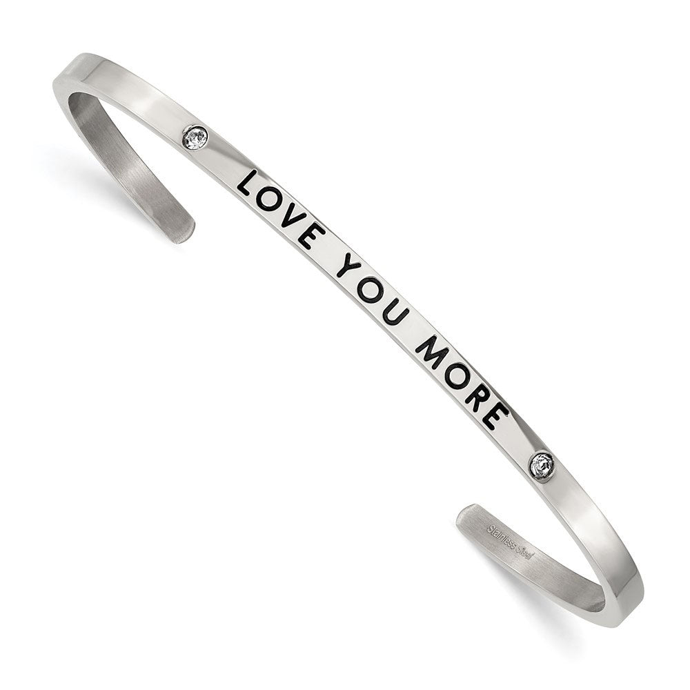 3mm Stainless Steel Enamel &amp; Crystal LOVE YOU MORE Cuff Bracelet, Item B18810 by The Black Bow Jewelry Co.
