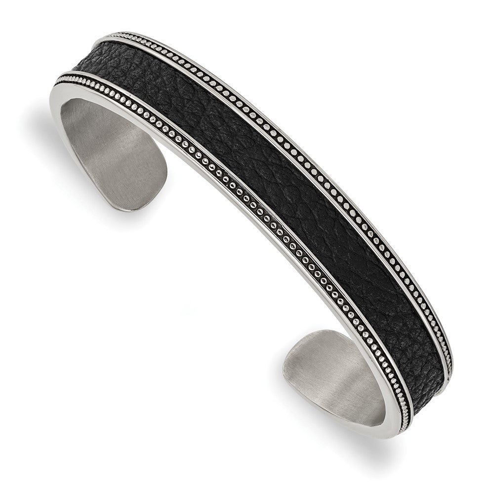 12mm Stainless Steel &amp; Textured Leather Antique Cuff Bracelet, 7.25 In, Item B18820 by The Black Bow Jewelry Co.
