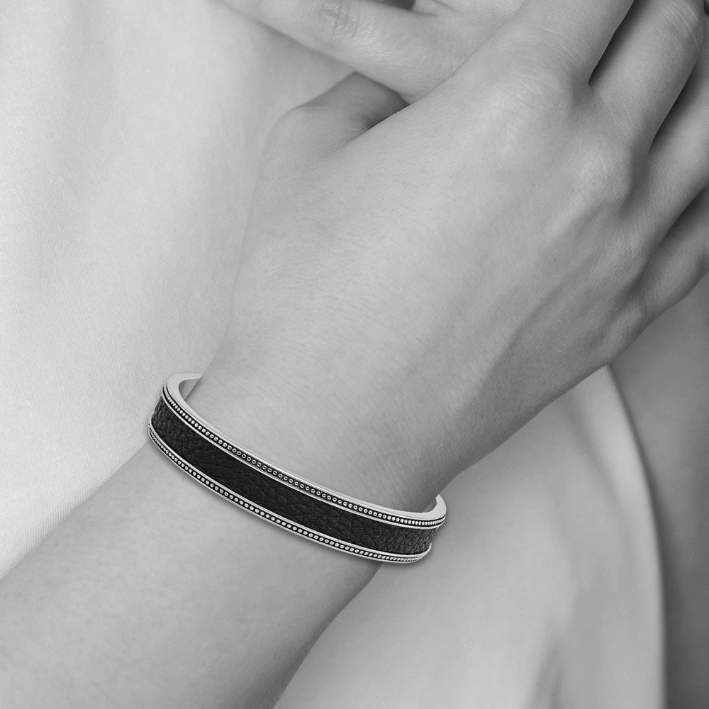 Alternate view of the 12mm Stainless Steel &amp; Textured Leather Antique Cuff Bracelet, 7.25 In by The Black Bow Jewelry Co.