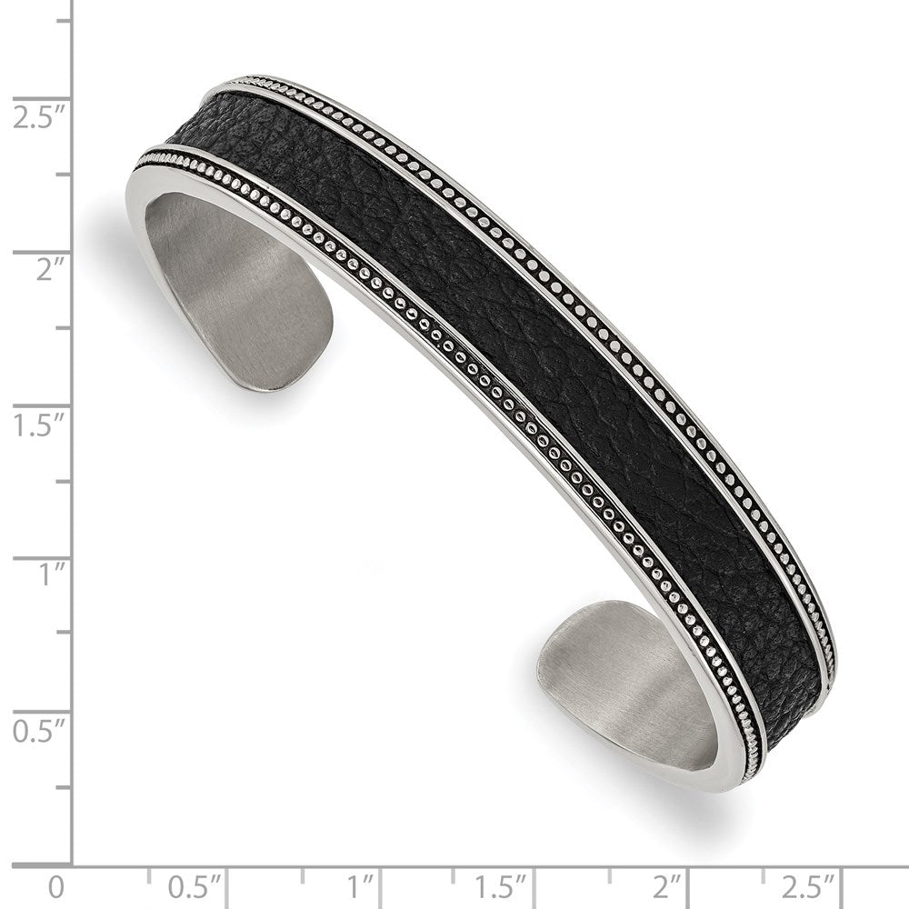 Alternate view of the 12mm Stainless Steel &amp; Textured Leather Antique Cuff Bracelet, 7.25 In by The Black Bow Jewelry Co.