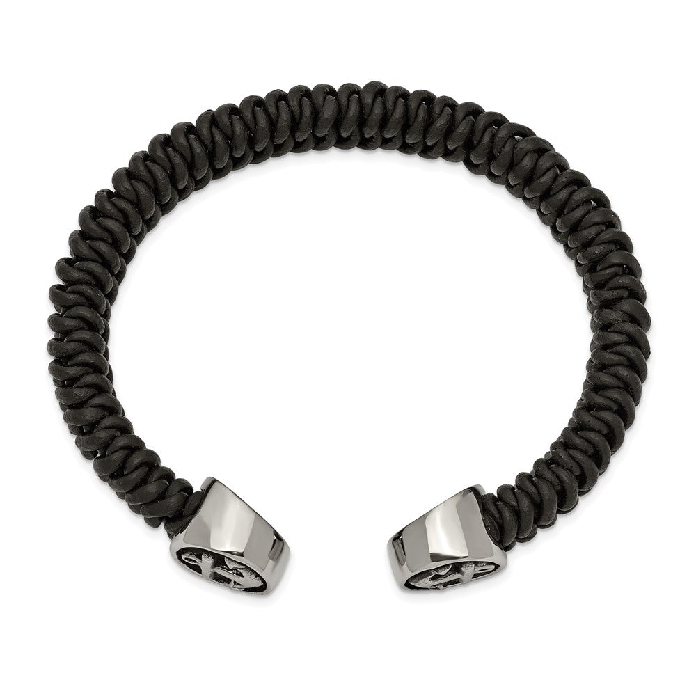 Alternate view of the Stainless Steel &amp; Black Leather Woven &amp; Anchor Cuff Bracelet by The Black Bow Jewelry Co.
