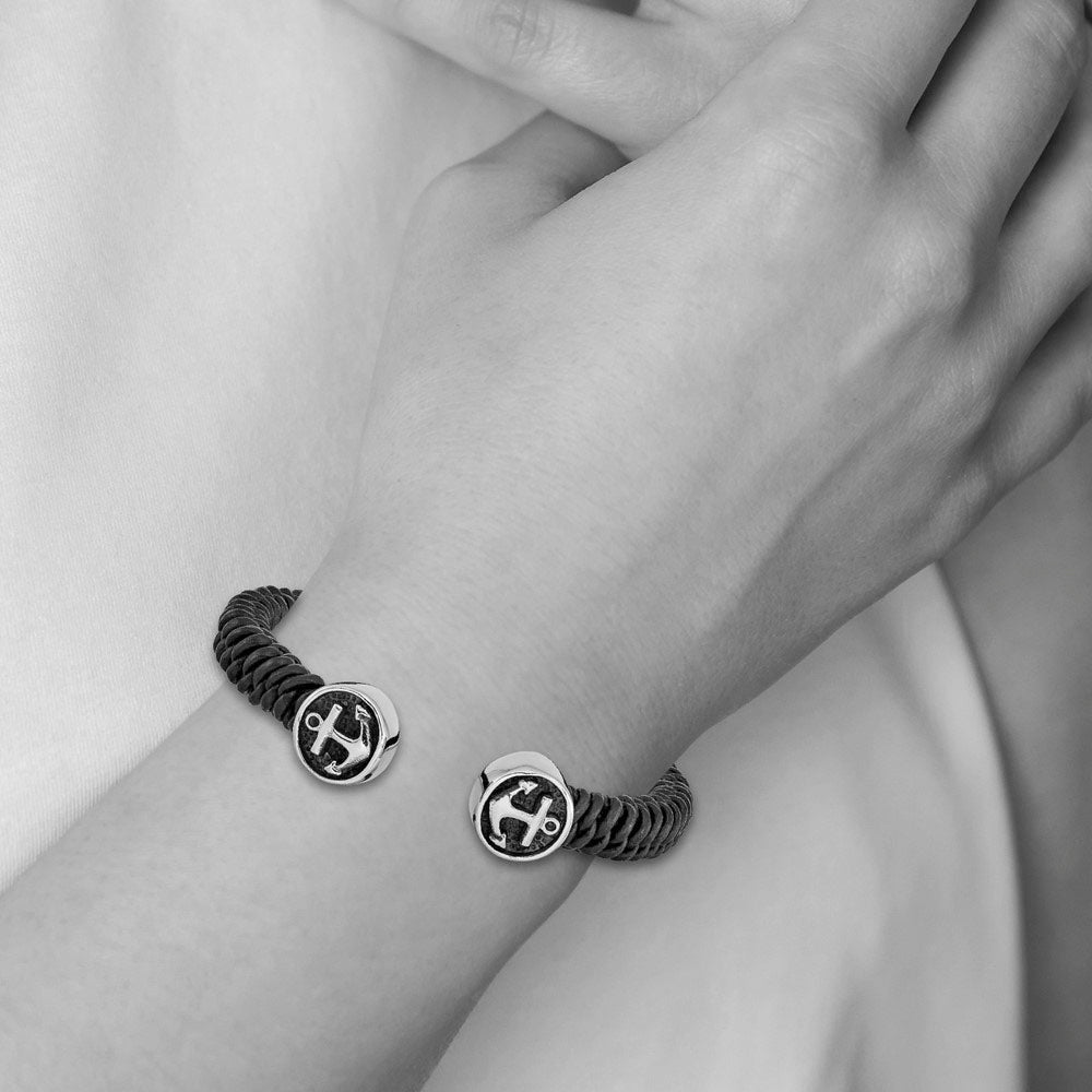 Alternate view of the Stainless Steel &amp; Black Leather Woven &amp; Anchor Cuff Bracelet by The Black Bow Jewelry Co.