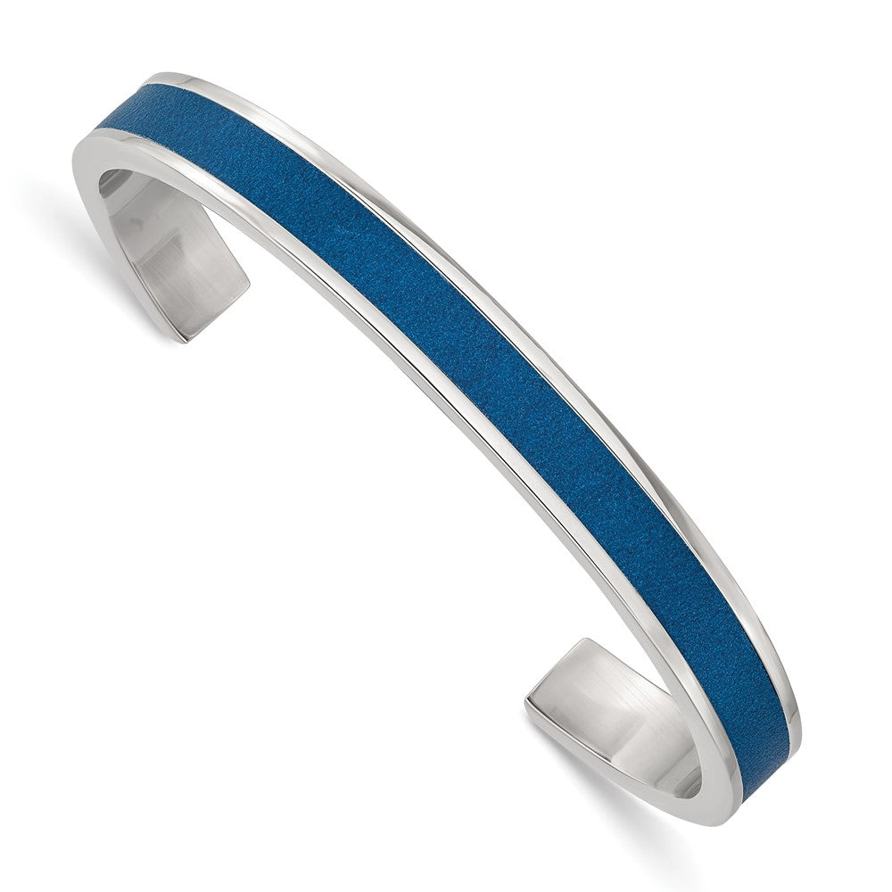 8mm Stainless Steel &amp; Blue Leather Cuff Bracelet, 7.25 Inch, Item B18825 by The Black Bow Jewelry Co.