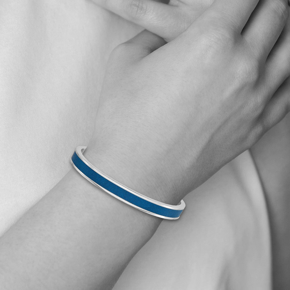Alternate view of the 8mm Stainless Steel &amp; Blue Leather Cuff Bracelet, 7.25 Inch by The Black Bow Jewelry Co.