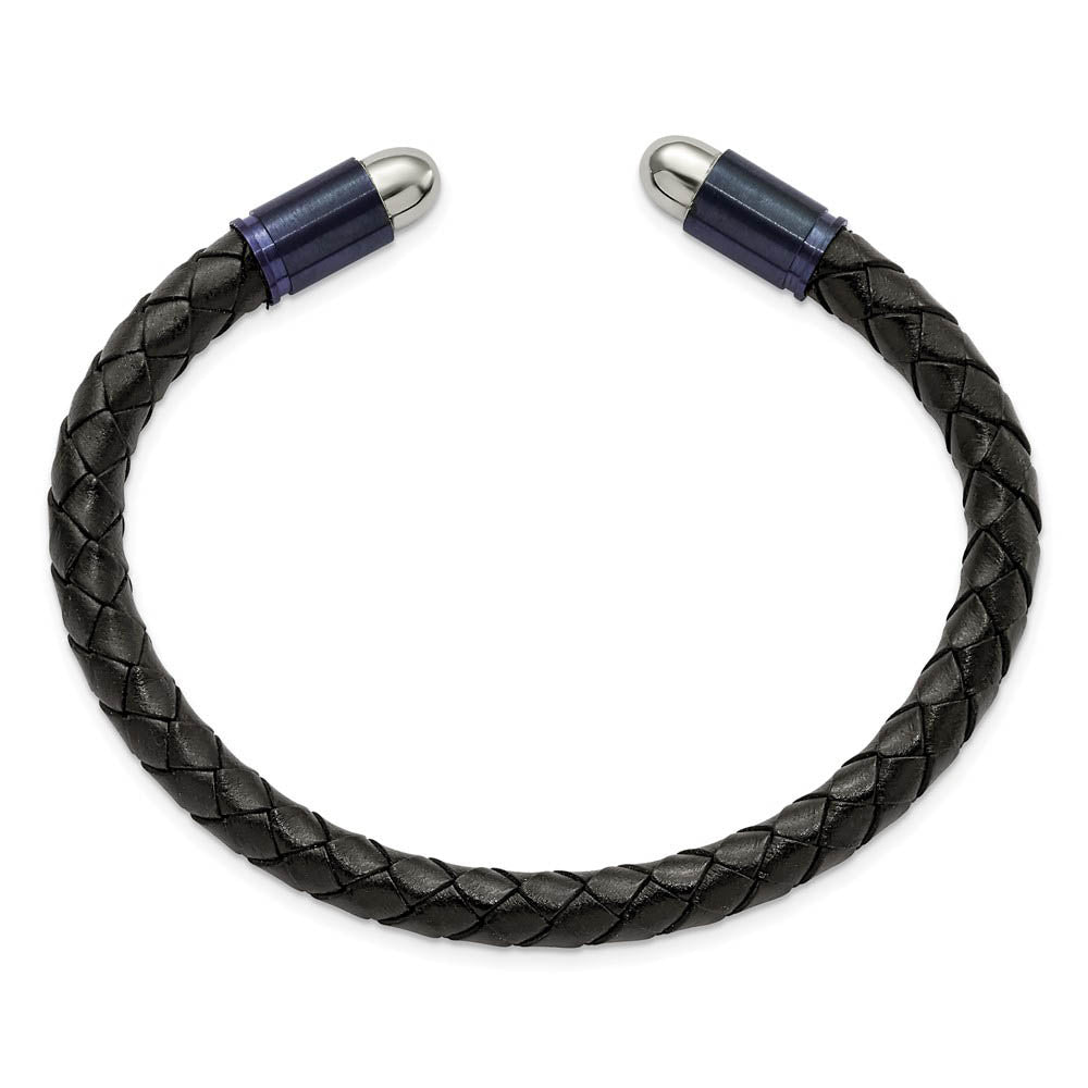 Alternate view of the 6mm Stainless Steel & Black Leather Braided Cuff Bracelet, 7.25 Inch by The Black Bow Jewelry Co.