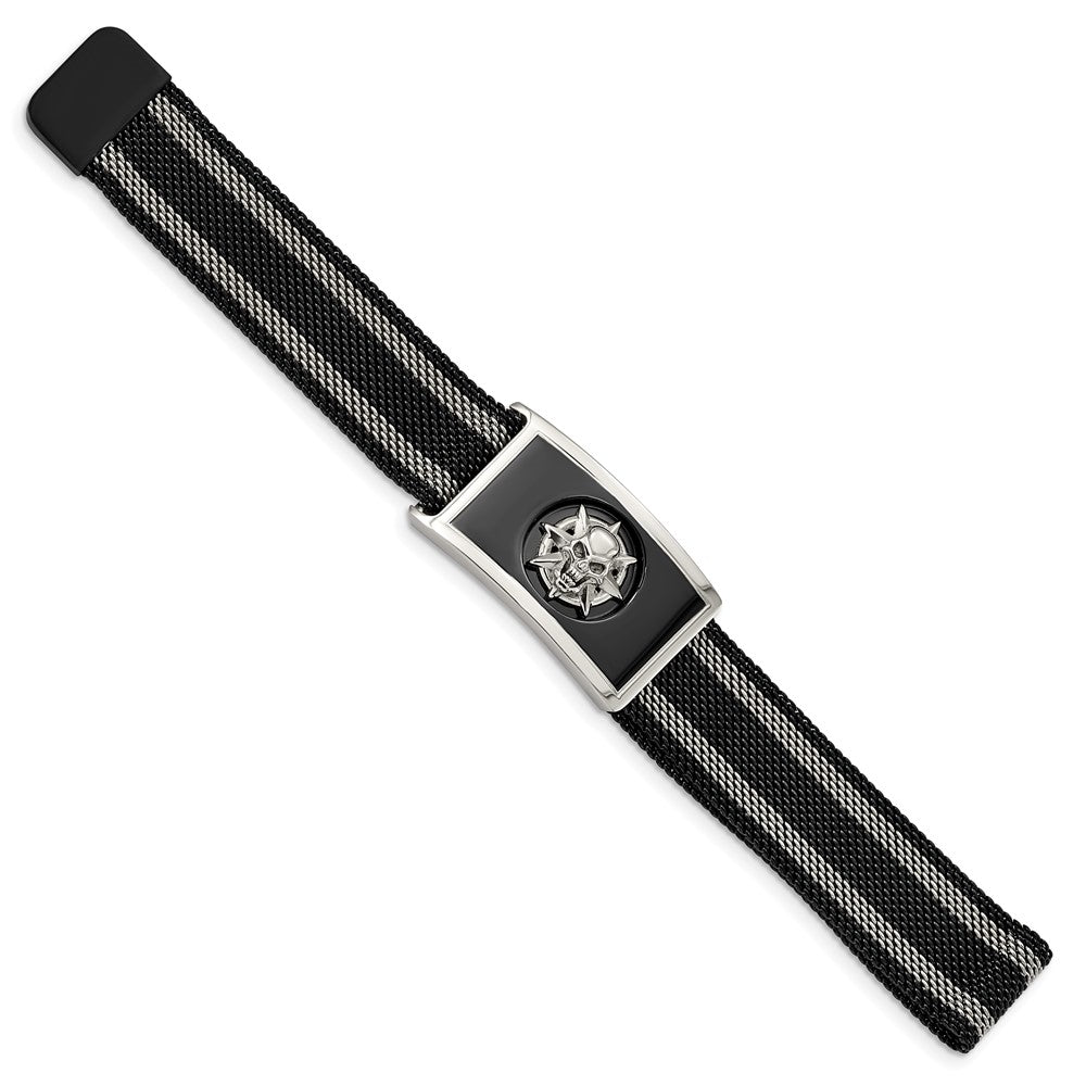 Alternate view of the Stainless Steel &amp; Black Plated Skull Mesh Adjustable Bracelet, 9.5 In by The Black Bow Jewelry Co.