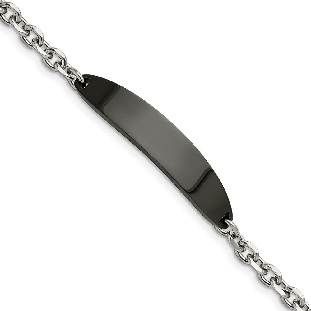 Ladies Stainless Steel Cable Link & Black Plated I.D. Bracelet, 8 Inch, Item B18842 by The Black Bow Jewelry Co.