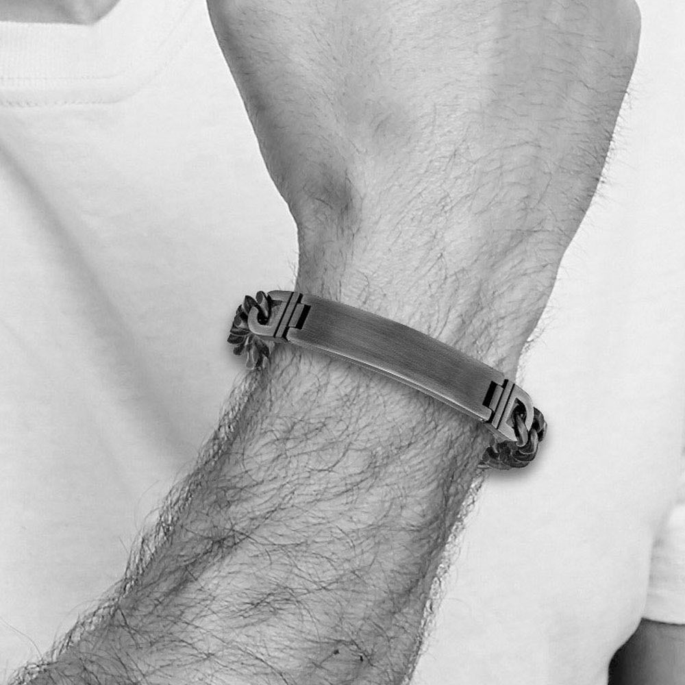 Alternate view of the Stainless Steel Brushed & Antiqued Curb Link I.D. Bracelet, 8.75 Inch by The Black Bow Jewelry Co.