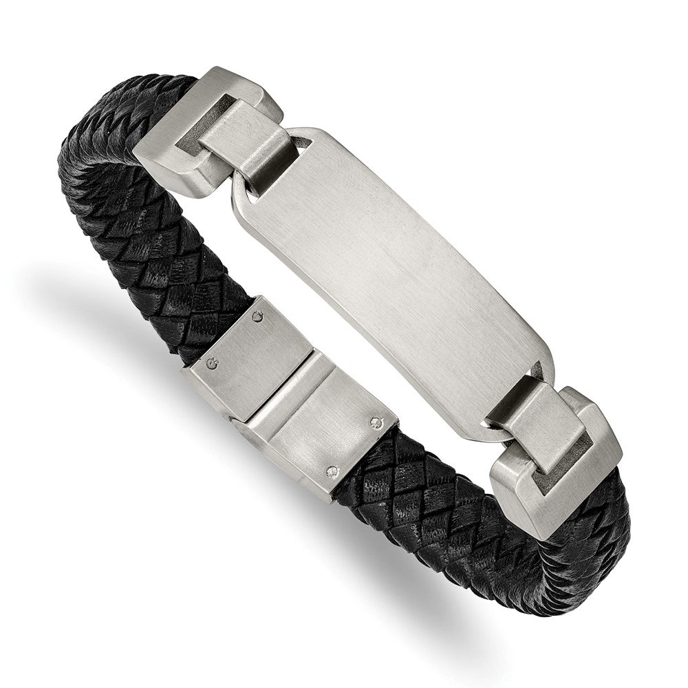 Men&#39;s Stainless Steel &amp; Black Leather Brushed I.D. Bracelet, 8.5 Inch, Item B18852 by The Black Bow Jewelry Co.