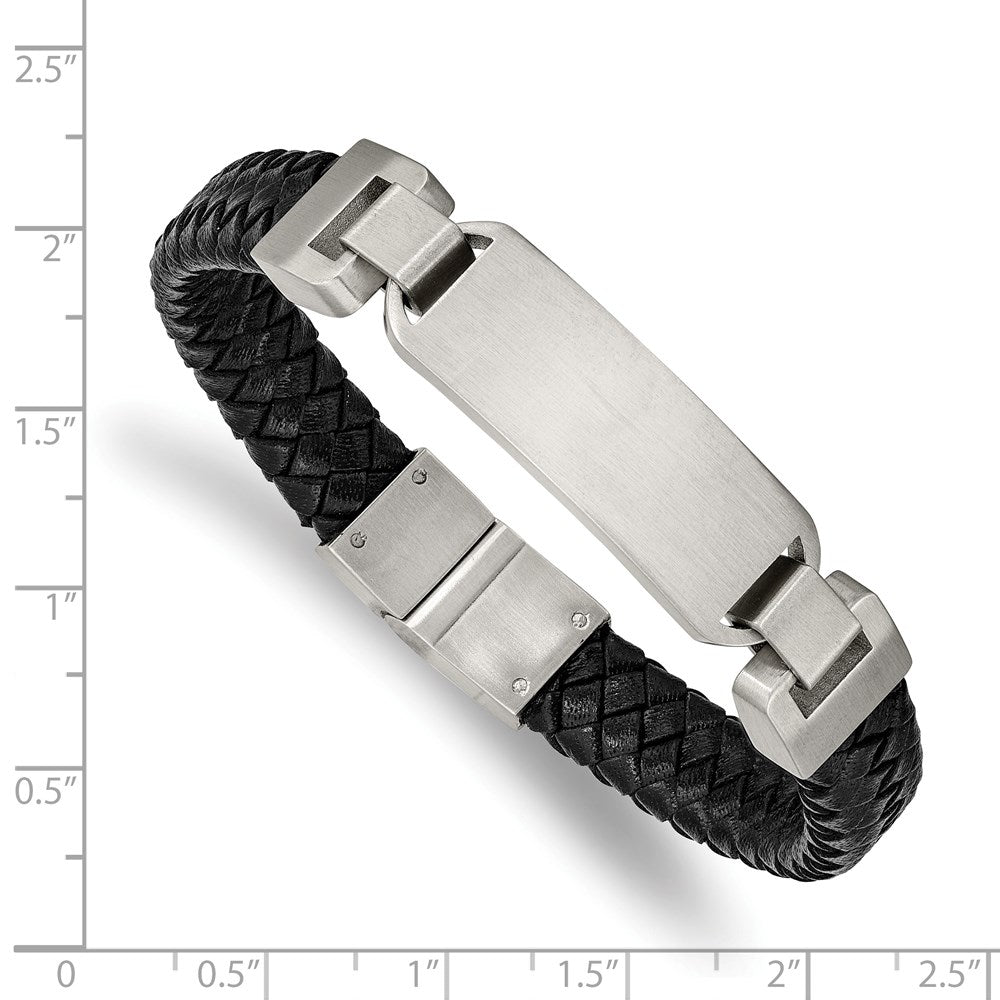 Alternate view of the Men&#39;s Stainless Steel &amp; Black Leather Brushed I.D. Bracelet, 8.5 Inch by The Black Bow Jewelry Co.