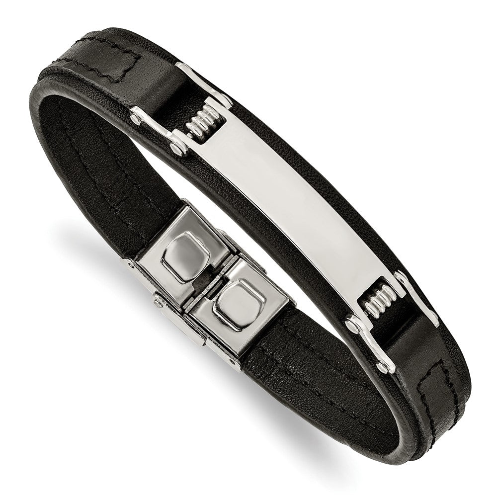 Men&#39;s Stainless Steel &amp; 13mm Black Leather I.D. Bracelet, 8.25 Inch, Item B18856 by The Black Bow Jewelry Co.