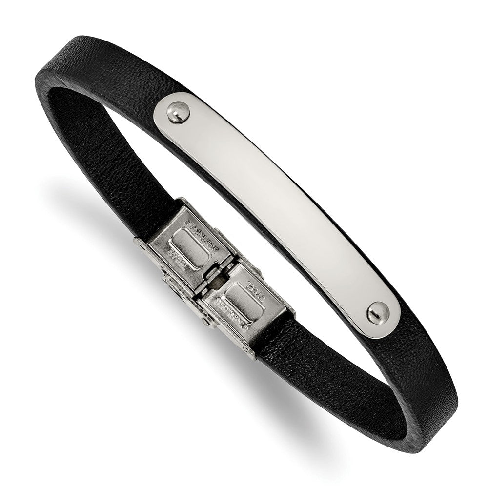Men&#39;s Stainless Steel 8mm Black Leather I.D. Bracelet, 8.5 Inch, Item B18857 by The Black Bow Jewelry Co.