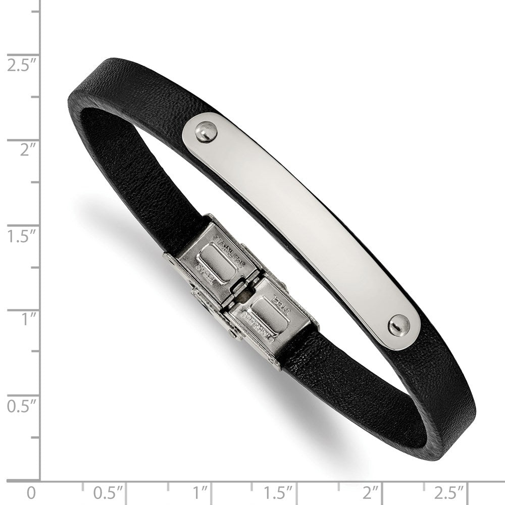 Alternate view of the Men&#39;s Stainless Steel 8mm Black Leather I.D. Bracelet, 8.5 Inch by The Black Bow Jewelry Co.