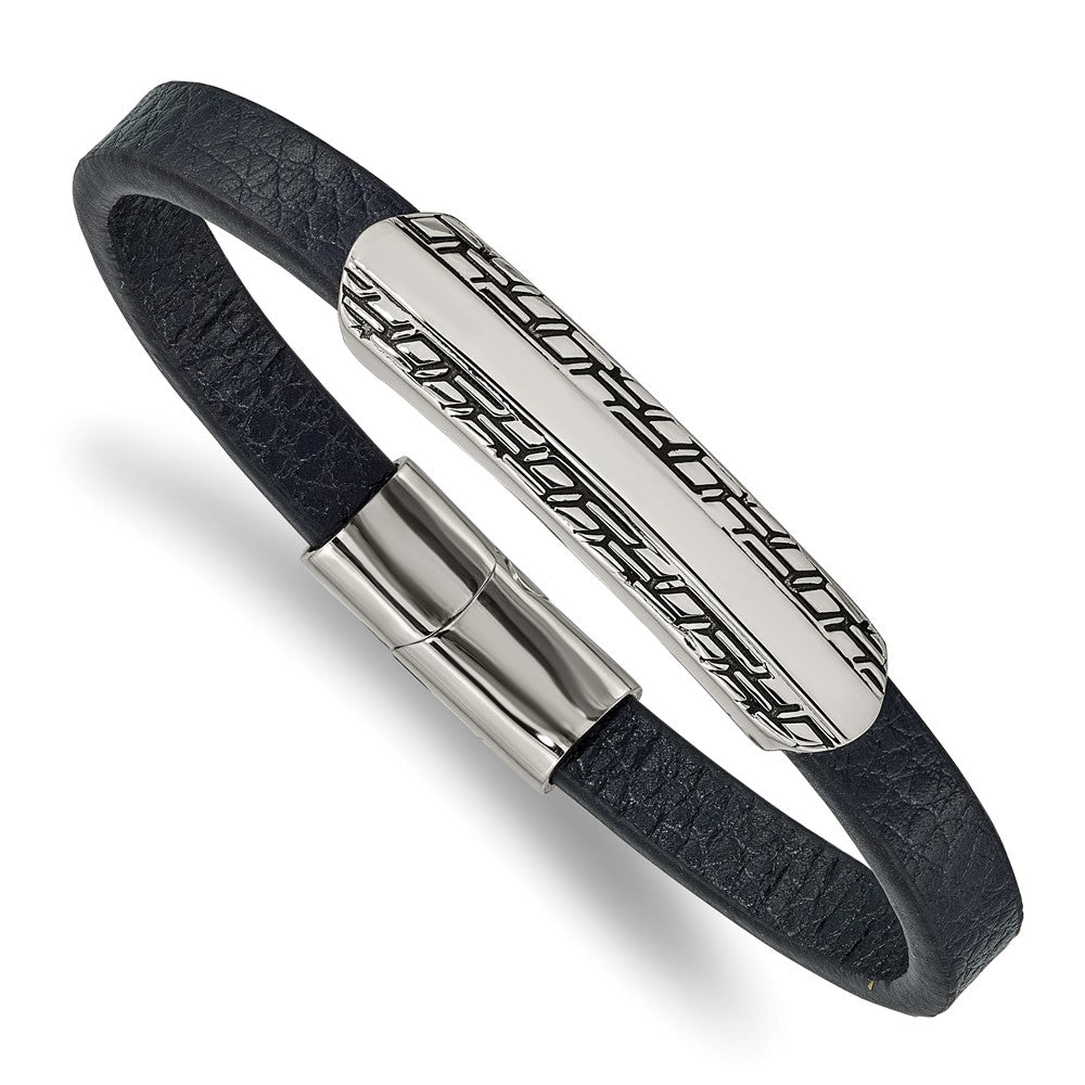 Stainless Steel &amp; Navy Blue Leather Antiqued I.D. Bracelet, 8.25 Inch, Item B18858 by The Black Bow Jewelry Co.