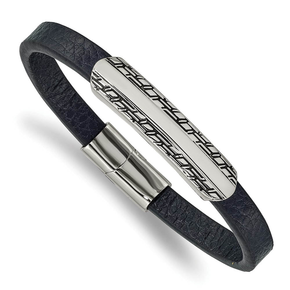 Stainless Steel & Navy Blue Leather Antiqued I.D. Bracelet, 8.25 Inch, Item B18858 by The Black Bow Jewelry Co.
