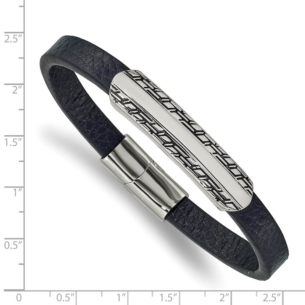 Alternate view of the Stainless Steel & Navy Blue Leather Antiqued I.D. Bracelet, 8.25 Inch by The Black Bow Jewelry Co.