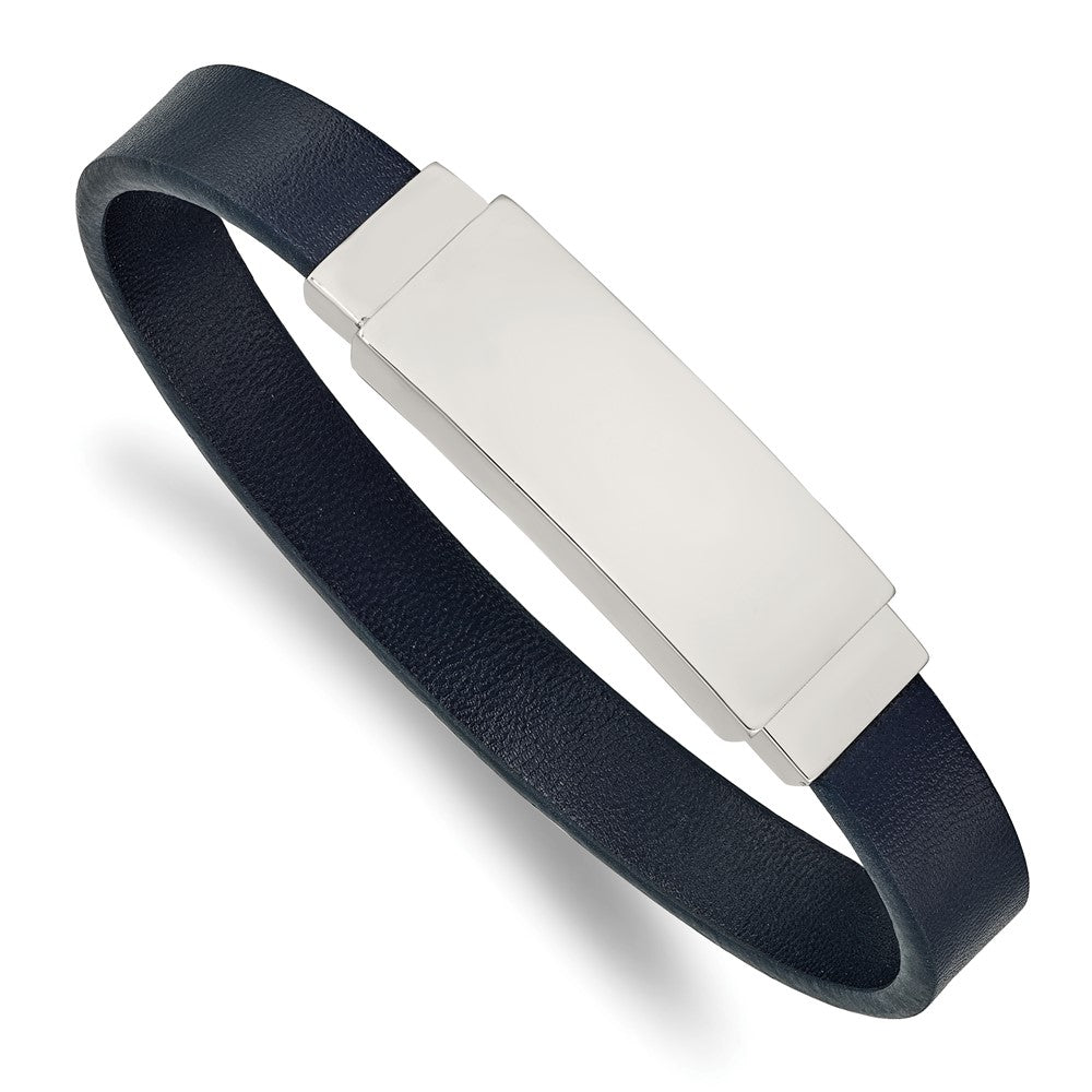 Men&#39;s Stainless Steel &amp; Navy Blue Leather I.D. Bracelet, 8.5 Inch, Item B18860 by The Black Bow Jewelry Co.