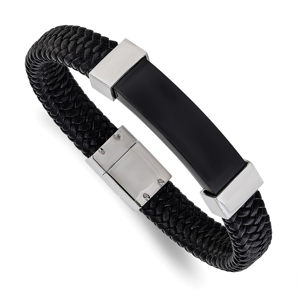 13mm Two Tone Stainless Steel &amp; Black Leather I.D. Bracelet, 8.5 Inch, Item B18863 by The Black Bow Jewelry Co.