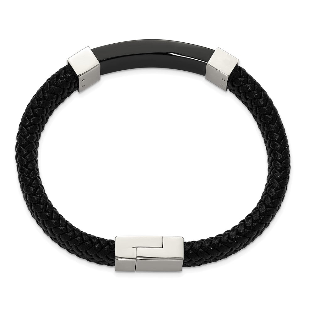 Alternate view of the 13mm Two Tone Stainless Steel &amp; Black Leather I.D. Bracelet, 8.5 Inch by The Black Bow Jewelry Co.