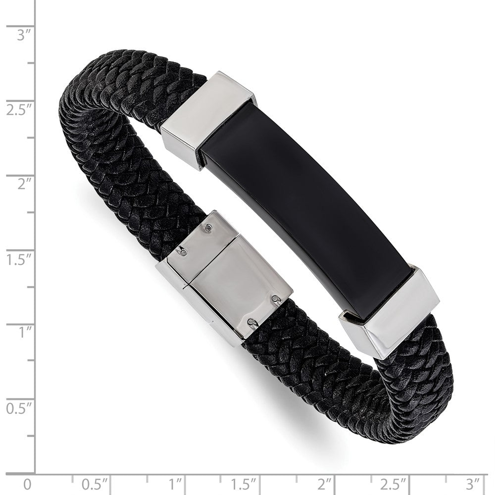 Alternate view of the 13mm Two Tone Stainless Steel &amp; Black Leather I.D. Bracelet, 8.5 Inch by The Black Bow Jewelry Co.