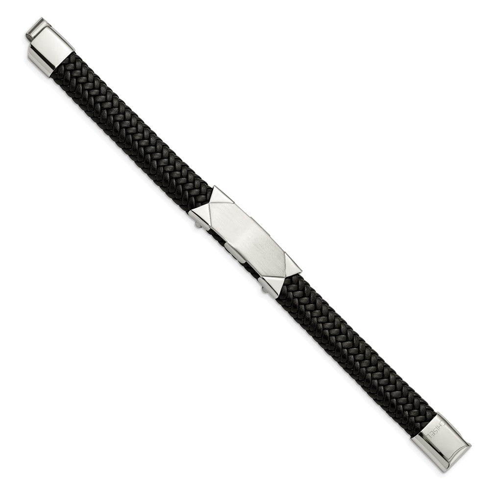 Alternate view of the 13mm Stainless Steel Braided Black Leather I.D. Bracelet, 8.5 Inch by The Black Bow Jewelry Co.