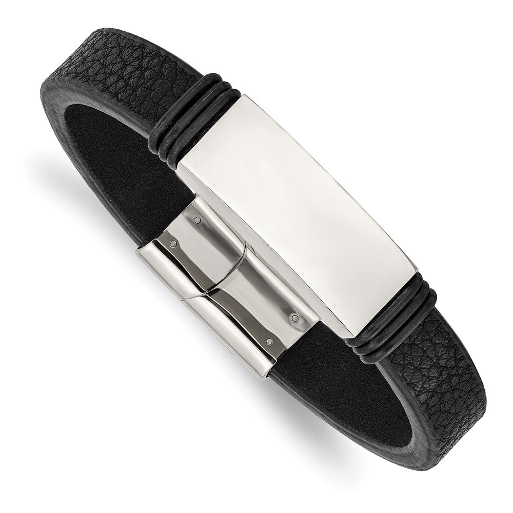 Men&#39;s Stainless Steel, Black Leather &amp; Rubber I.D. Bracelet, 8.5 Inch, Item B18867 by The Black Bow Jewelry Co.
