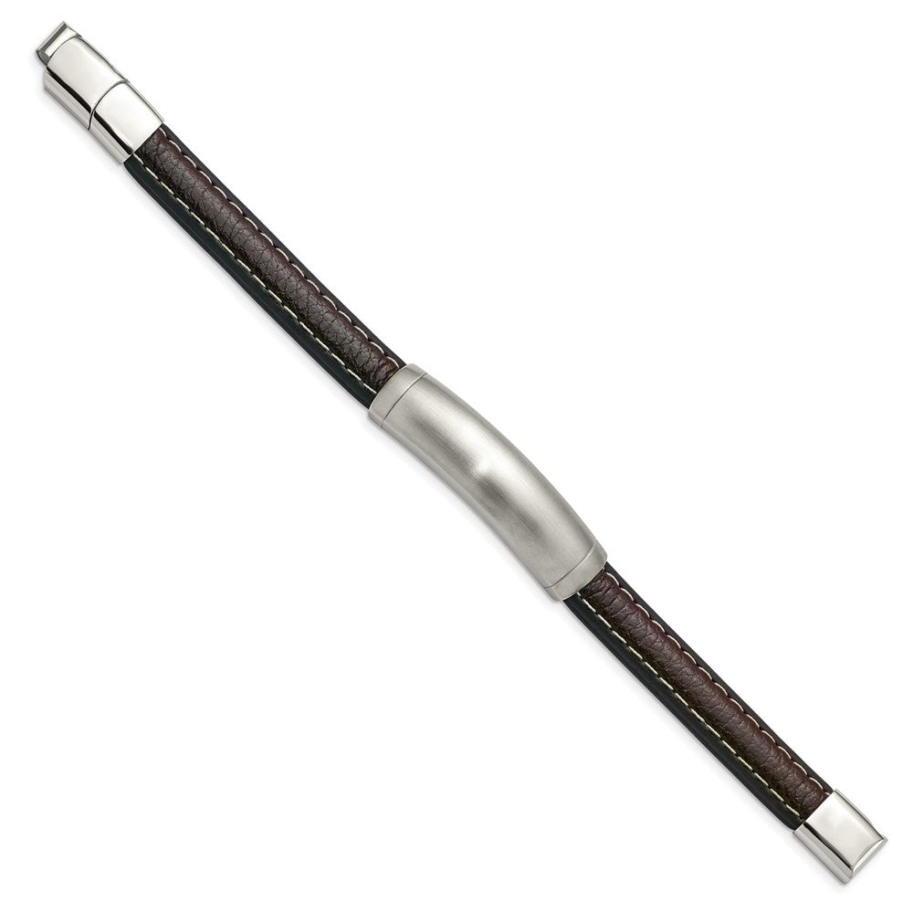 Alternate view of the Brushed Stainless Steel Dark Brown Leather Adj. I.D. Bracelet, 8.5 In by The Black Bow Jewelry Co.