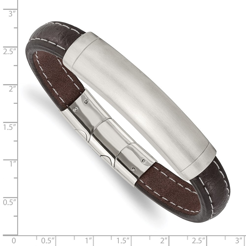 Alternate view of the Brushed Stainless Steel Dark Brown Leather Adj. I.D. Bracelet, 8.5 In by The Black Bow Jewelry Co.