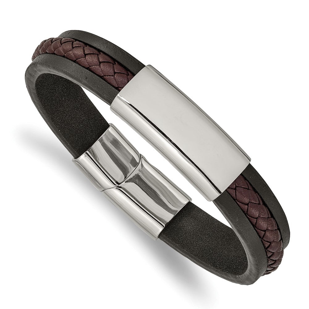 Stainless Steel, Black &amp; Brown Braided Leather I.D. Bracelet, 8.25 In, Item B18869 by The Black Bow Jewelry Co.