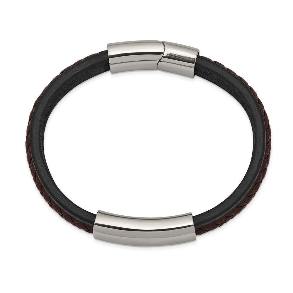 Alternate view of the Stainless Steel, Black &amp; Brown Braided Leather I.D. Bracelet, 8.25 In by The Black Bow Jewelry Co.
