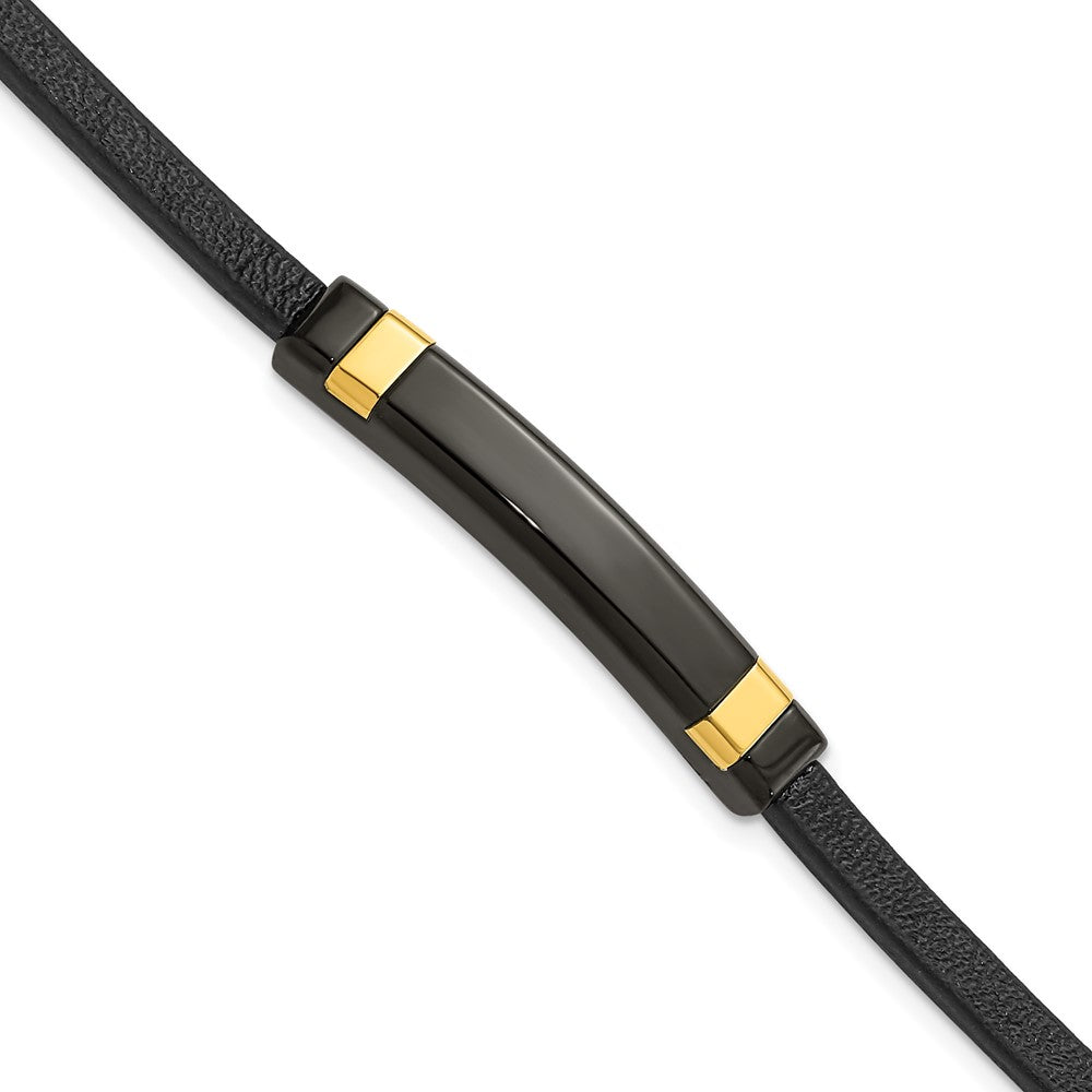 Black &amp; Gold Tone Plated Stainless Steel Leather I.D. Bracelet, 8.5 In, Item B18871 by The Black Bow Jewelry Co.