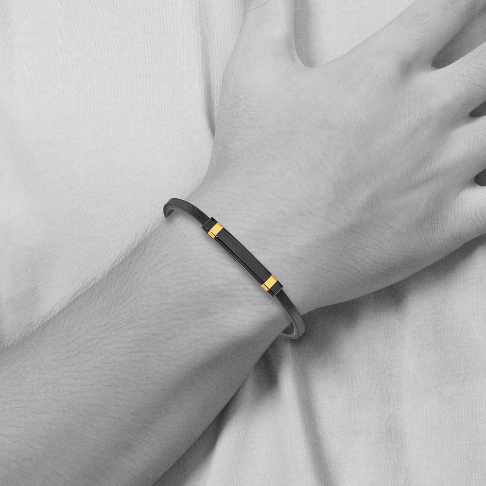 Alternate view of the Black &amp; Gold Tone Plated Stainless Steel Leather I.D. Bracelet, 8.5 In by The Black Bow Jewelry Co.