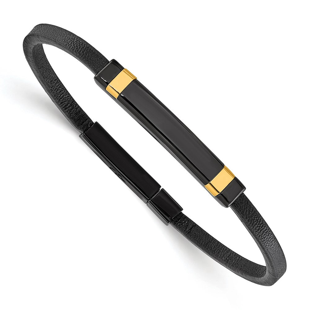 Alternate view of the Black &amp; Gold Tone Plated Stainless Steel Leather I.D. Bracelet, 8.5 In by The Black Bow Jewelry Co.
