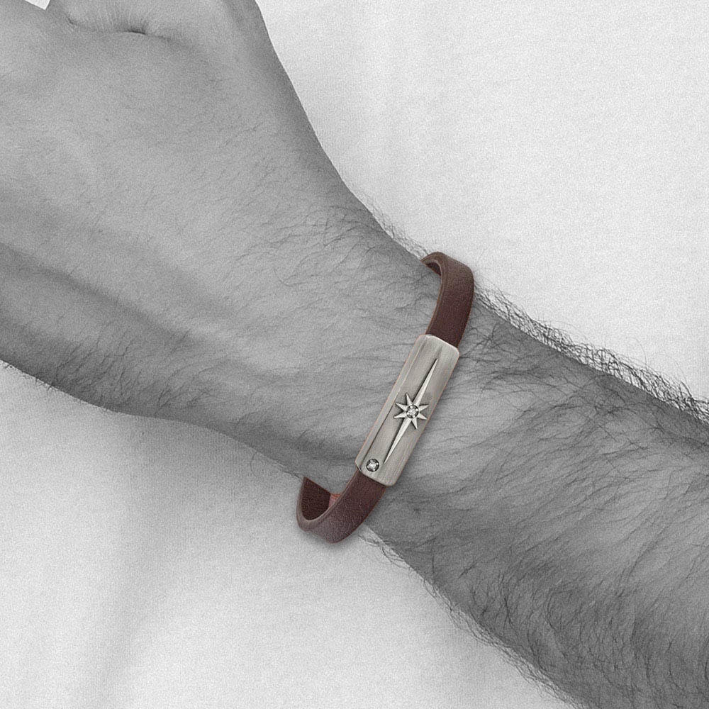 Alternate view of the Antiqued Bronze Plated Stainless Steel CZ Leather I.D. Bracelet, 8 In by The Black Bow Jewelry Co.