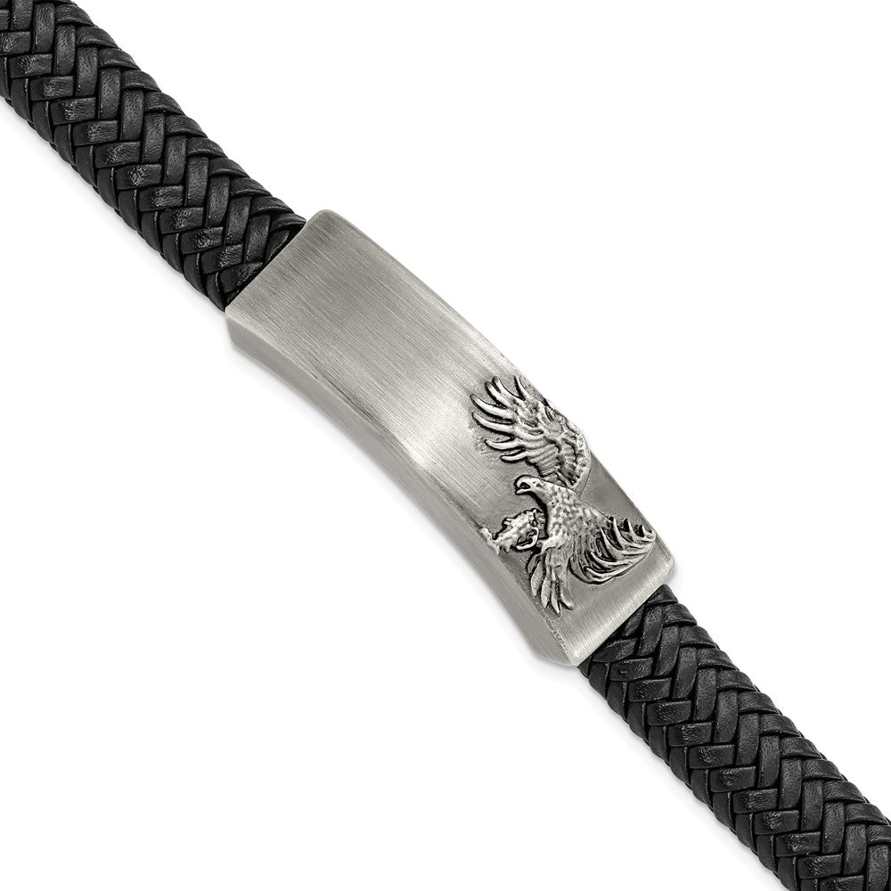 Stainless Steel &amp; Black Leather Antiqued Eagle I.D. Bracelet, 8.5 Inch, Item B18873 by The Black Bow Jewelry Co.