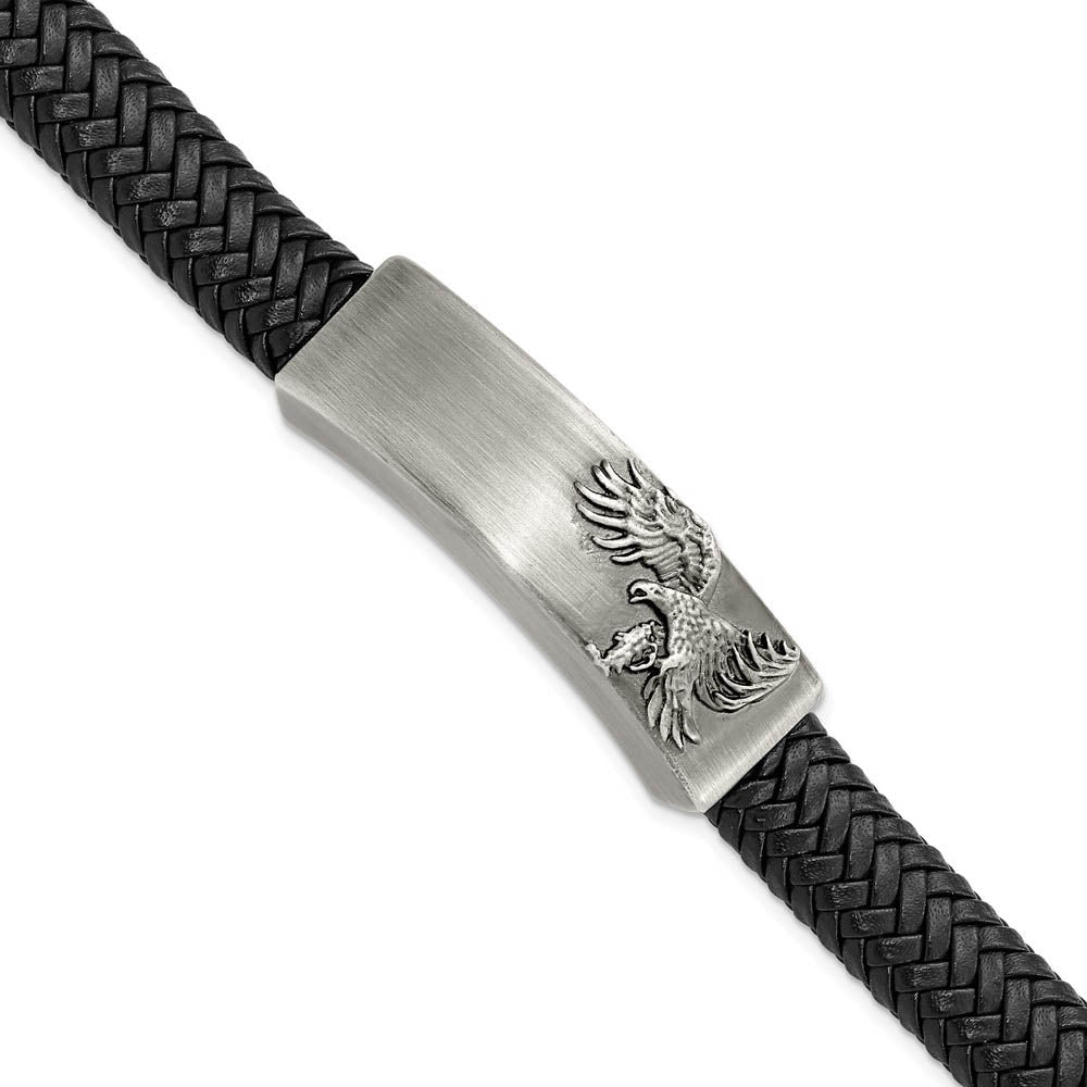 Stainless Steel & Black Leather Antiqued Eagle I.D. Bracelet, 8.5 Inch, Item B18873 by The Black Bow Jewelry Co.