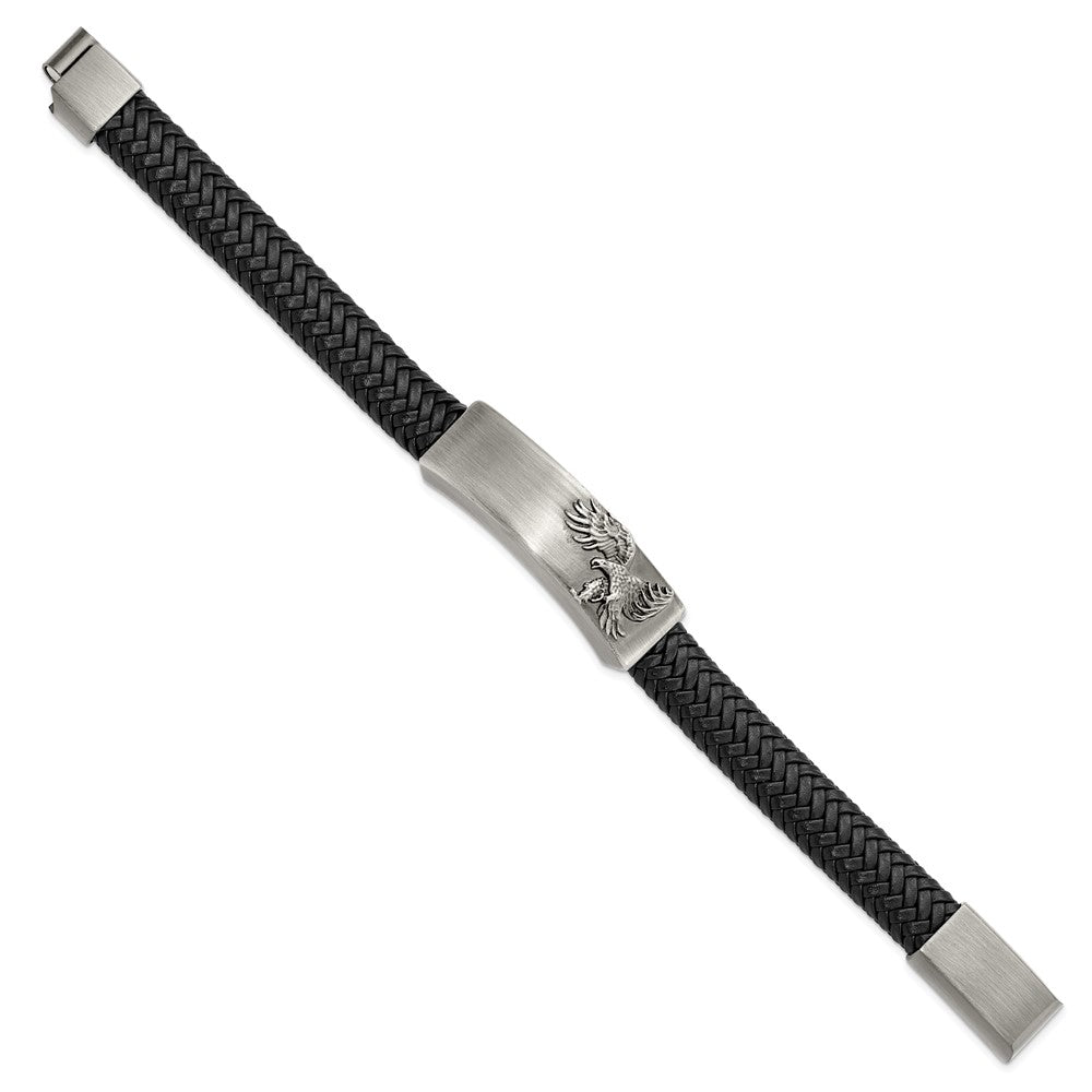 Alternate view of the Stainless Steel &amp; Black Leather Antiqued Eagle I.D. Bracelet, 8.5 Inch by The Black Bow Jewelry Co.