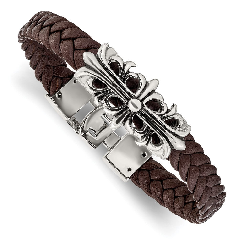 Stainless Steel &amp; Brown Leather Fleur de Lis Cross Bracelet, 8.5 Inch, Item B18875 by The Black Bow Jewelry Co.