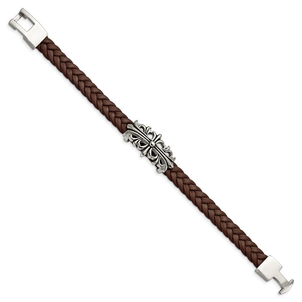 Alternate view of the Stainless Steel &amp; Brown Leather Fleur de Lis Cross Bracelet, 8.5 Inch by The Black Bow Jewelry Co.