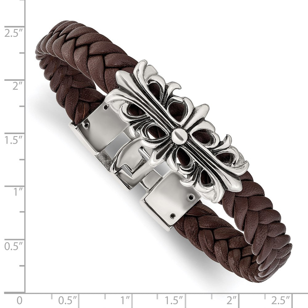 Alternate view of the Stainless Steel &amp; Brown Leather Fleur de Lis Cross Bracelet, 8.5 Inch by The Black Bow Jewelry Co.