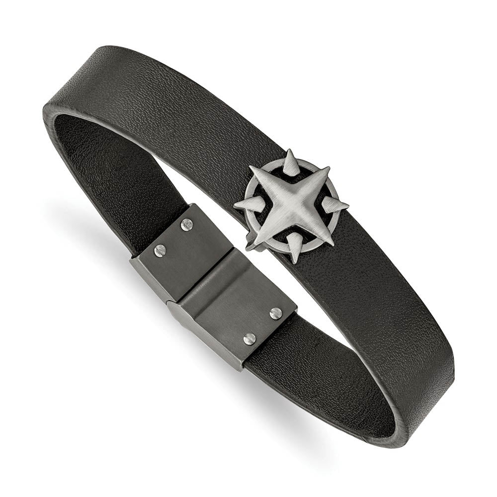 Antiqued Stainless Steel Black Leather Compass Bracelet, 8.25 Inch, Item B18876 by The Black Bow Jewelry Co.