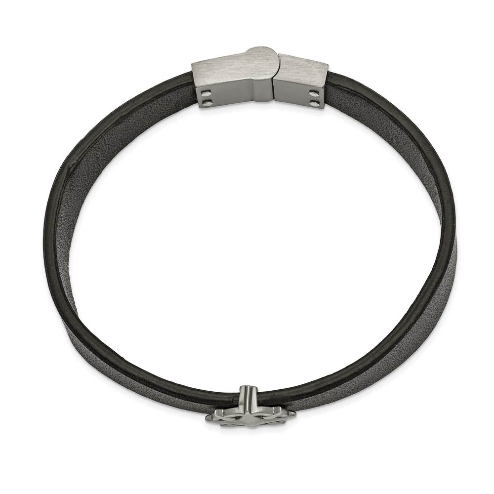 Alternate view of the Antiqued Stainless Steel Black Leather Compass Bracelet, 8.25 Inch by The Black Bow Jewelry Co.