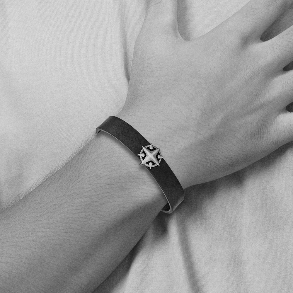 Alternate view of the Antiqued Stainless Steel Black Leather Compass Bracelet, 8.25 Inch by The Black Bow Jewelry Co.