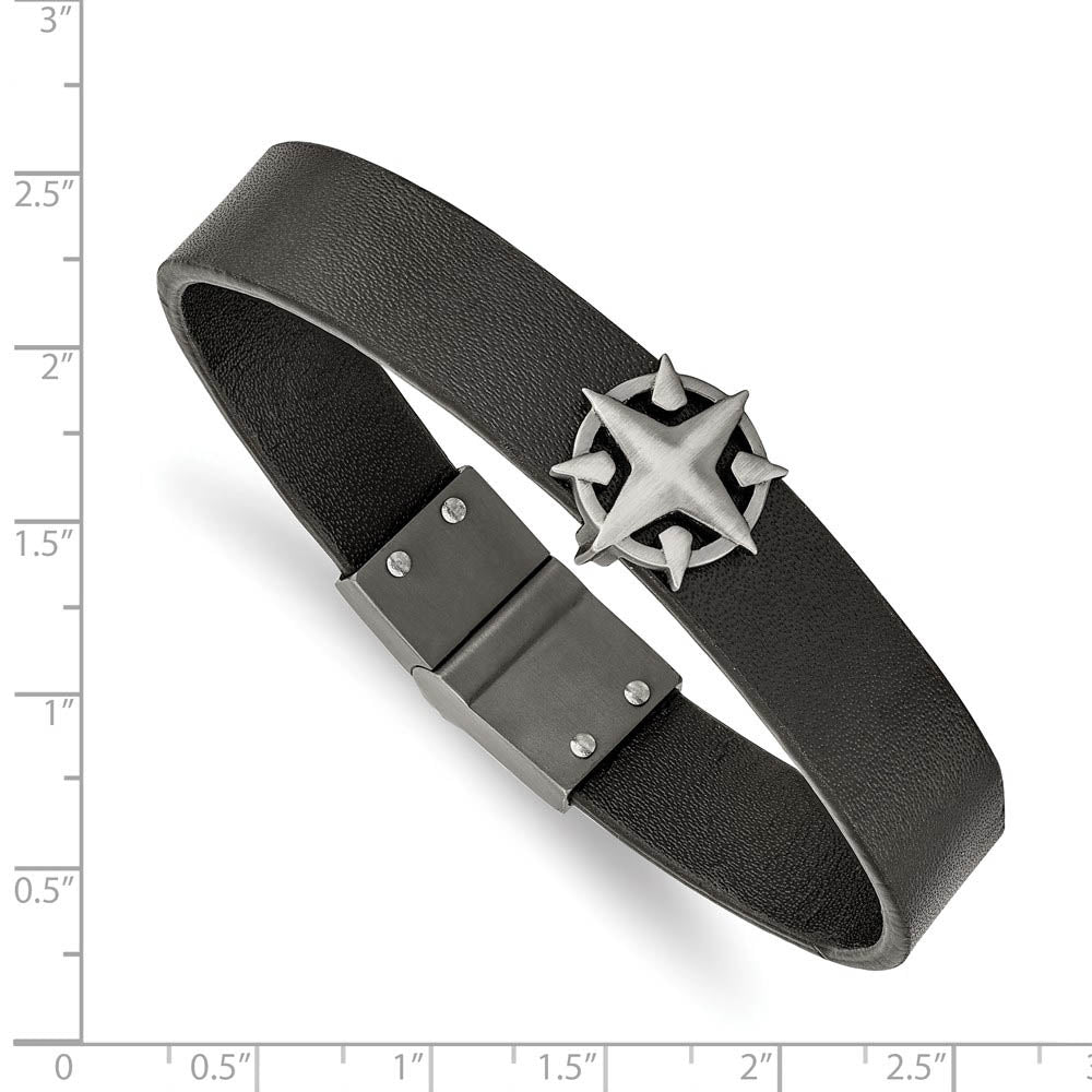 Alternate view of the Antiqued Stainless Steel Black Leather Compass Bracelet, 8.25 Inch by The Black Bow Jewelry Co.