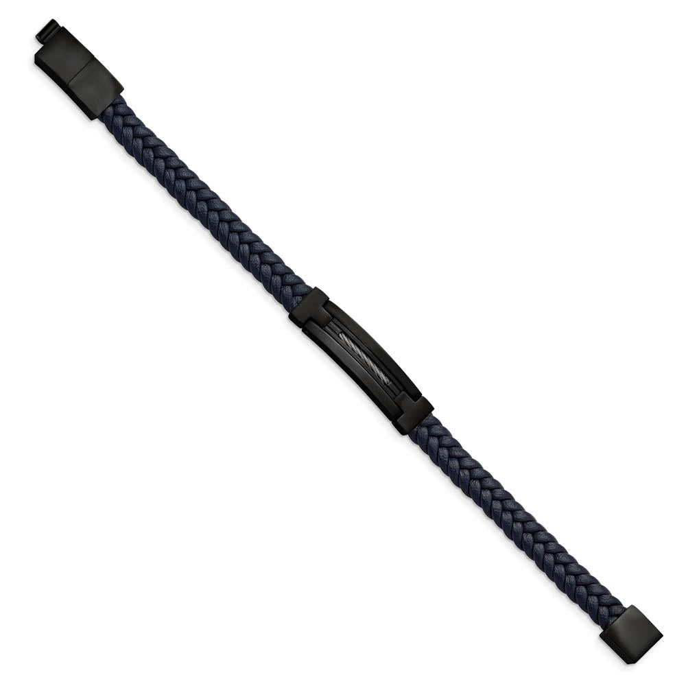Alternate view of the Black Plated Stainless Steel Navy Blue Leather I.D. Bracelet, 8-8.5 In by The Black Bow Jewelry Co.