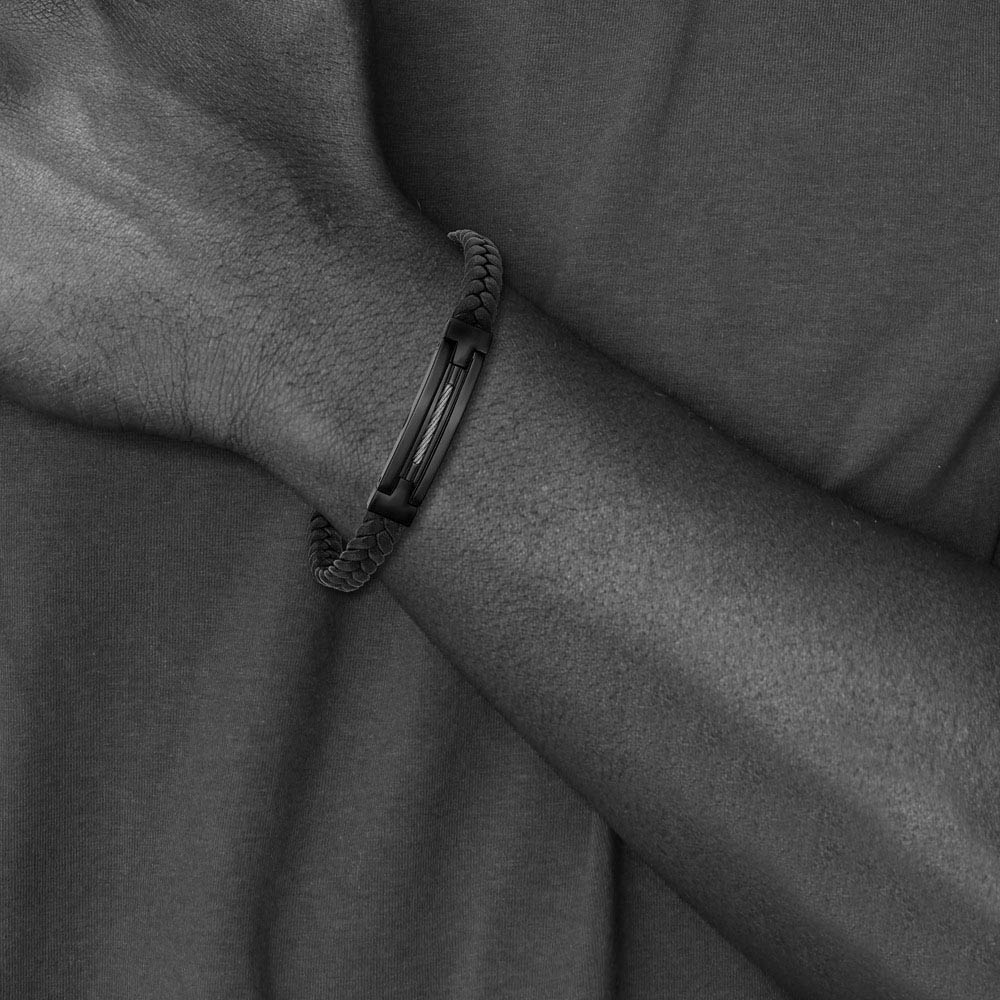 Alternate view of the Black Plated Stainless Steel Navy Blue Leather I.D. Bracelet, 8-8.5 In by The Black Bow Jewelry Co.